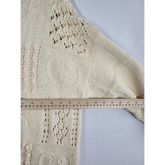 VTG Express Tricot Handknit Cardigan Cream L Patchwork Heart Cottagecore Minimal - Picture 9 of 12